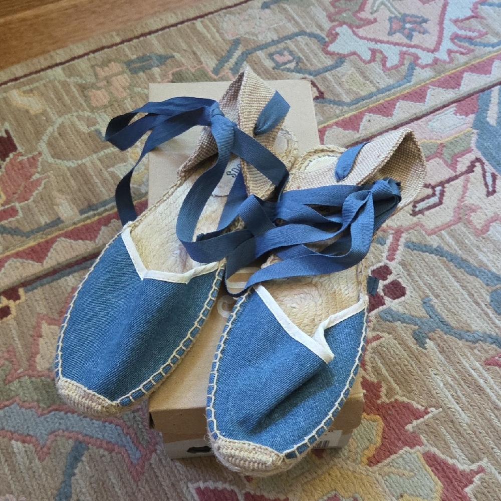 Soludos Blue and Cream Espadrilles with Ankle Wrap